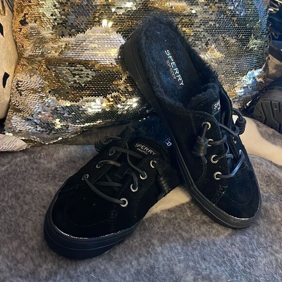 Sperry crest vibe mule /pull on sneaker shoe clog black suede fur lined 6.5 - Picture 2 of 6